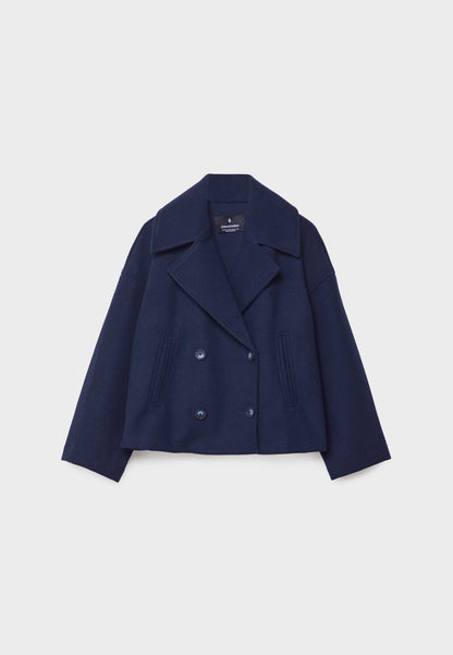 Dames Korte Jas met Dubbele Knoopsluiting en Oversized Revers Marineblauw