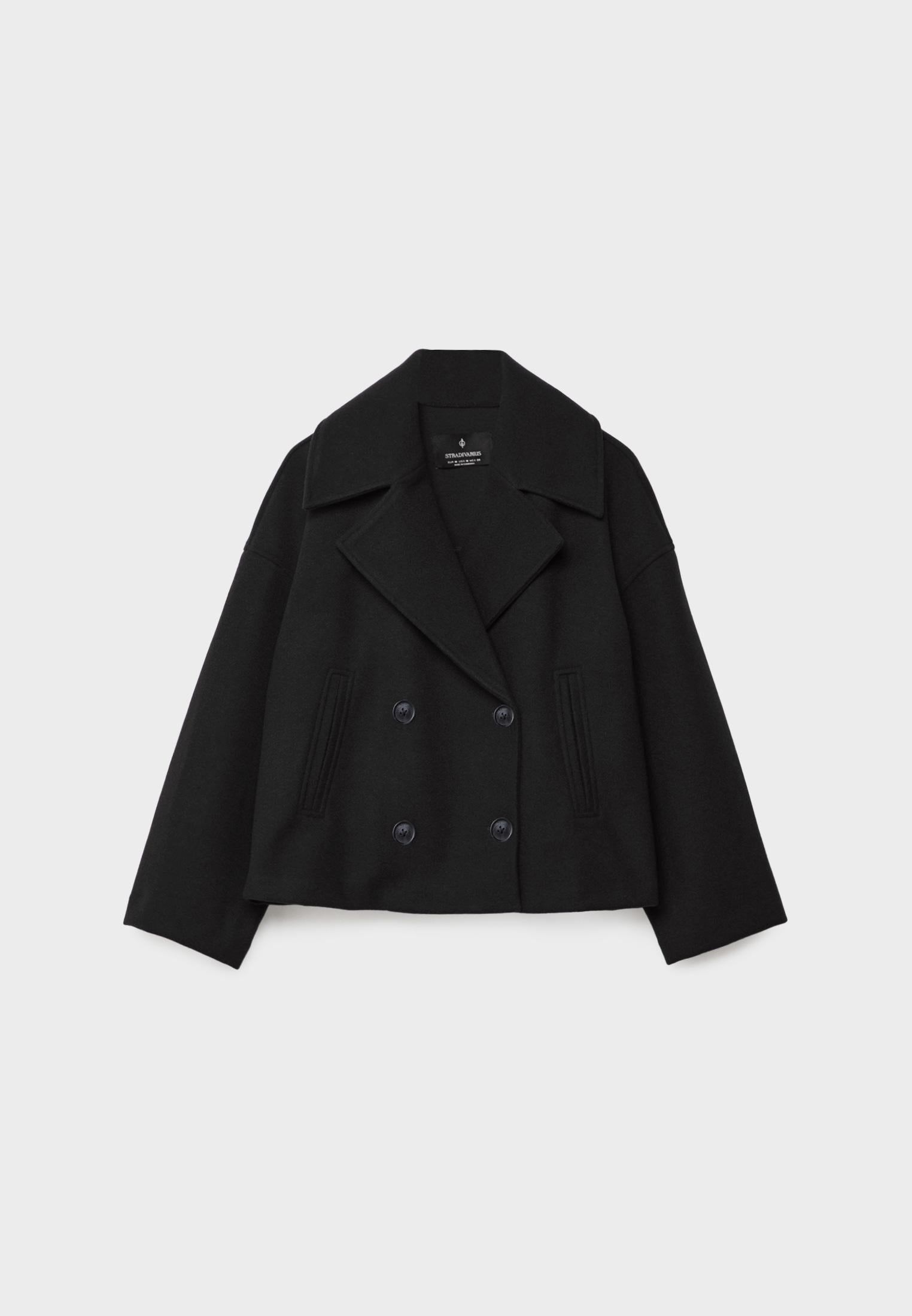 Dames Korte Jas met Dubbele Knoopsluiting en Oversized Revers Zwart