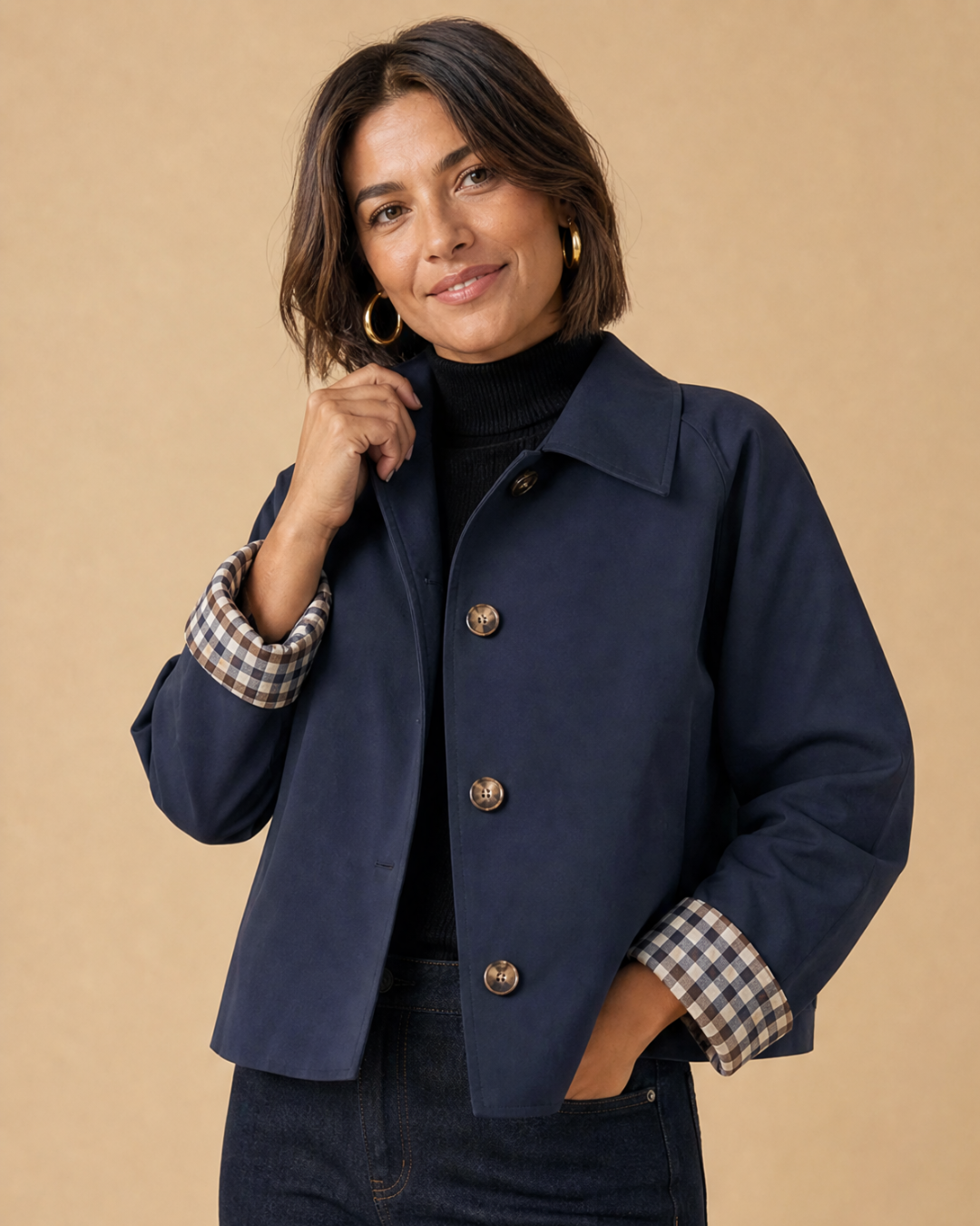 Dames Korte Jas met Knoopsluiting en Geruite Manchetten Marineblauw