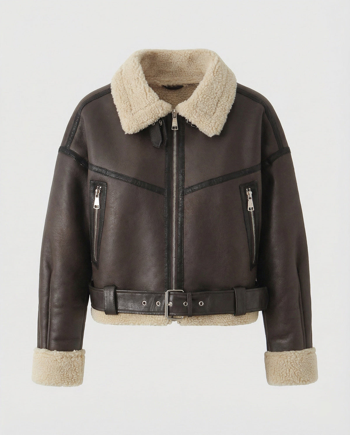 Dames Korte Jas met Teddyvoering, Revers en Riem