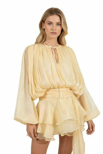 Dames Korte Jurk met Ballonmouwen en Strikdetail