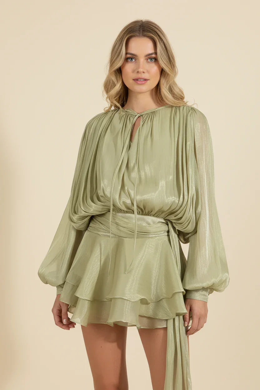 Dames Korte Jurk met Ballonmouwen en Strikdetail
