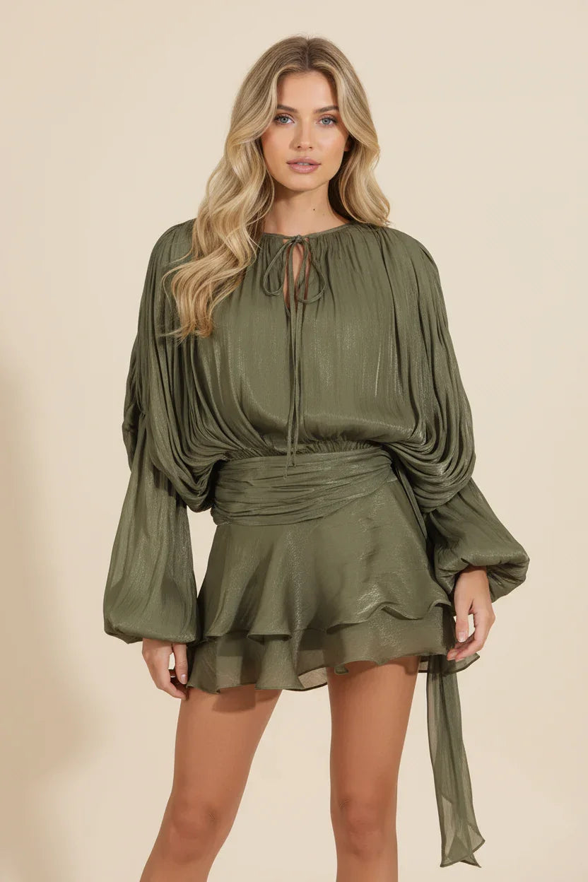 Dames Korte Jurk met Ballonmouwen en Strikdetail