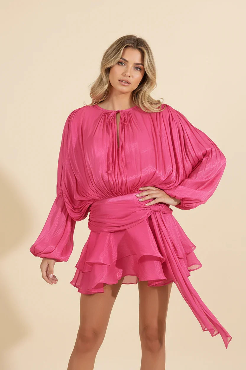 Dames Korte Jurk met Ballonmouwen en Strikdetail