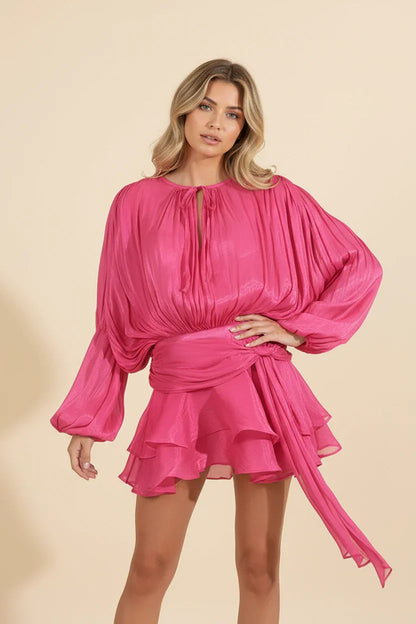Dames Korte Jurk met Ballonmouwen en Strikdetail