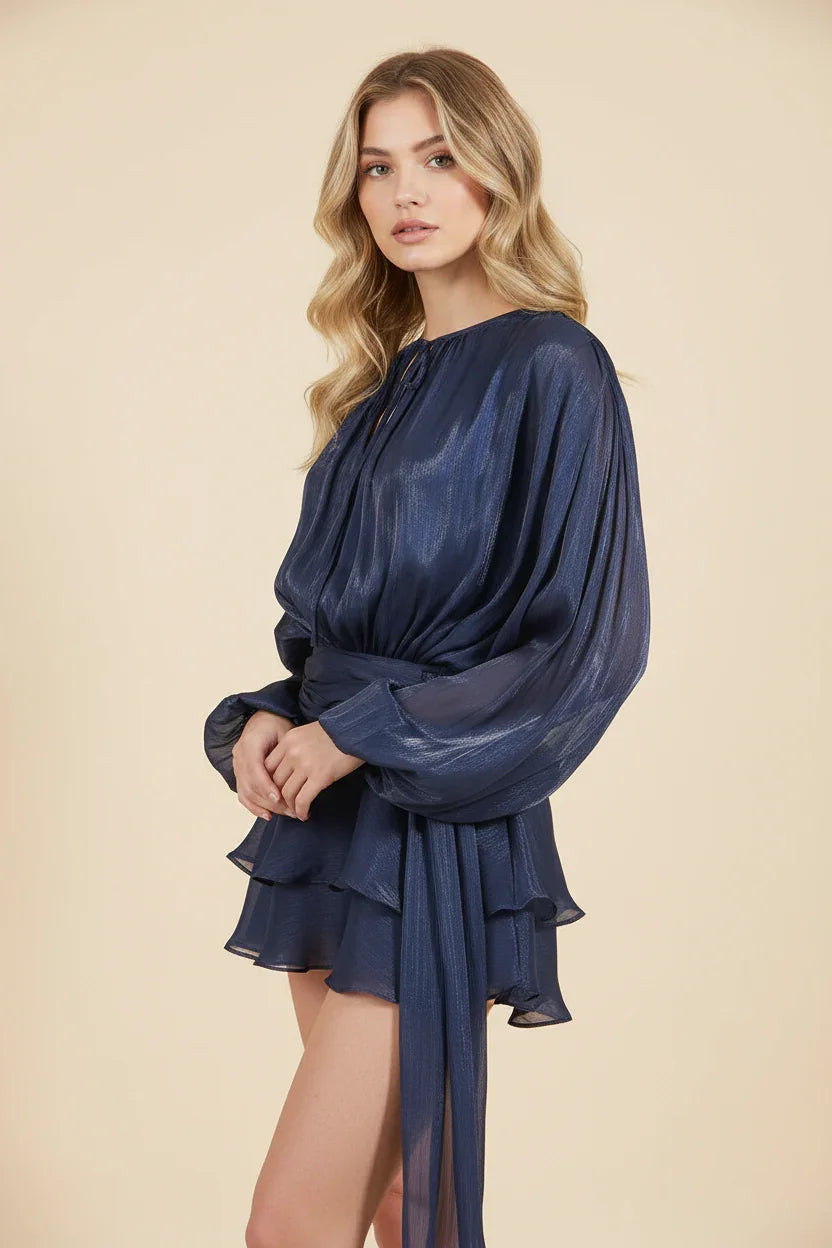 Dames Korte Jurk met Ballonmouwen en Strikdetail