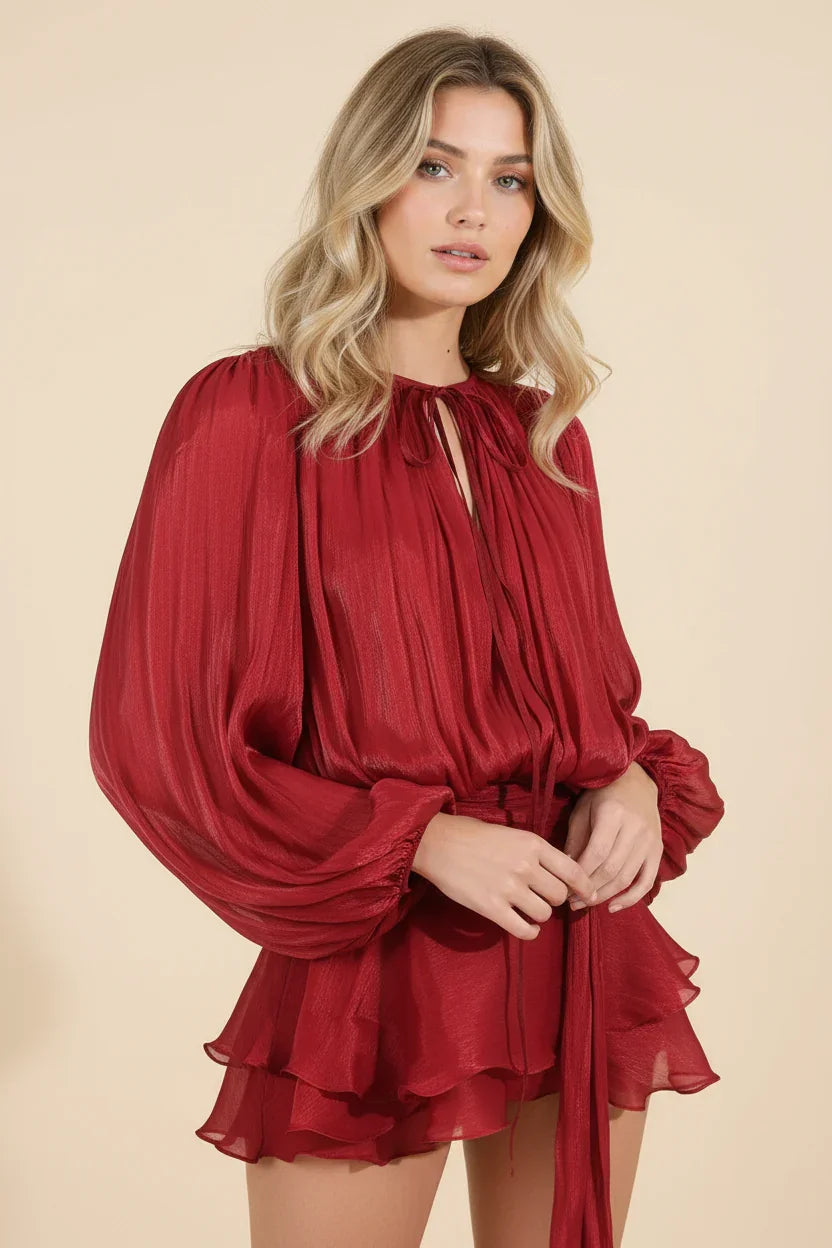 Dames Korte Jurk met Ballonmouwen en Strikdetail