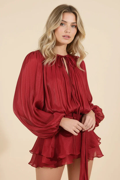 Dames Korte Jurk met Ballonmouwen en Strikdetail