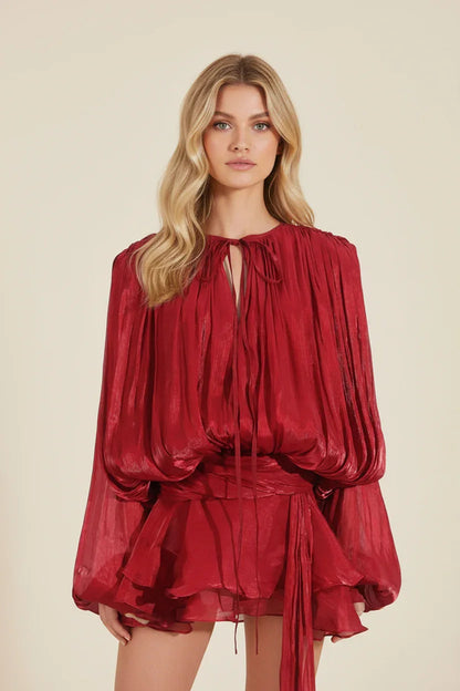 Dames Korte Jurk met Ballonmouwen en Strikdetail