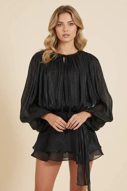Dames Korte Jurk met Ballonmouwen en Strikdetail
