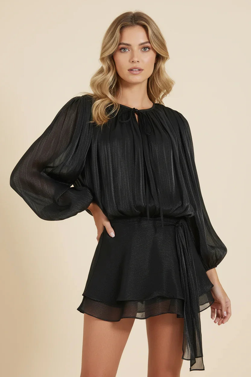 Dames Korte Jurk met Ballonmouwen en Strikdetail