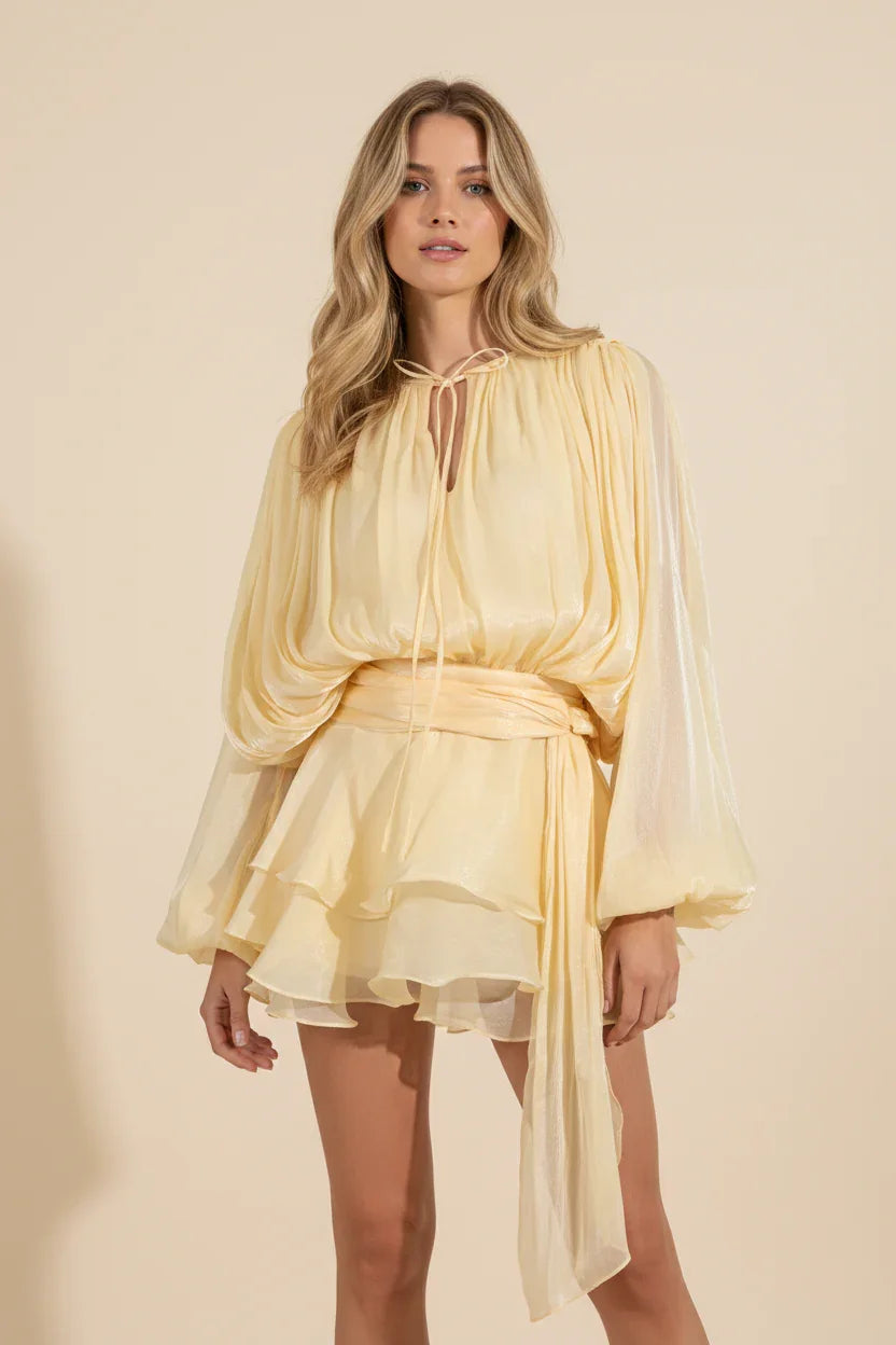Dames Korte Jurk met Ballonmouwen en Strikdetail