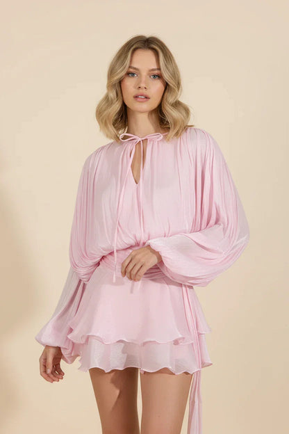 Dames Korte Jurk met Ballonmouwen en Strikdetail