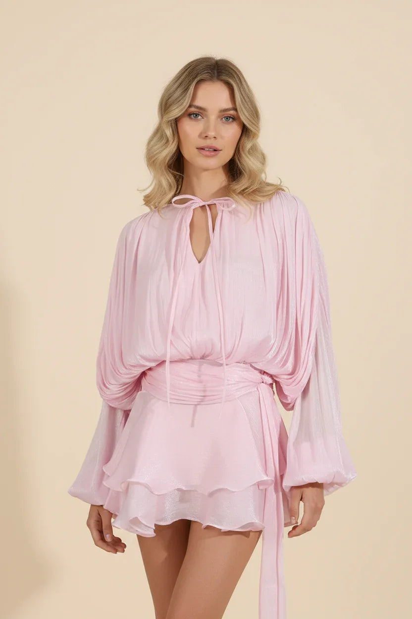 Dames Korte Jurk met Ballonmouwen en Strikdetail