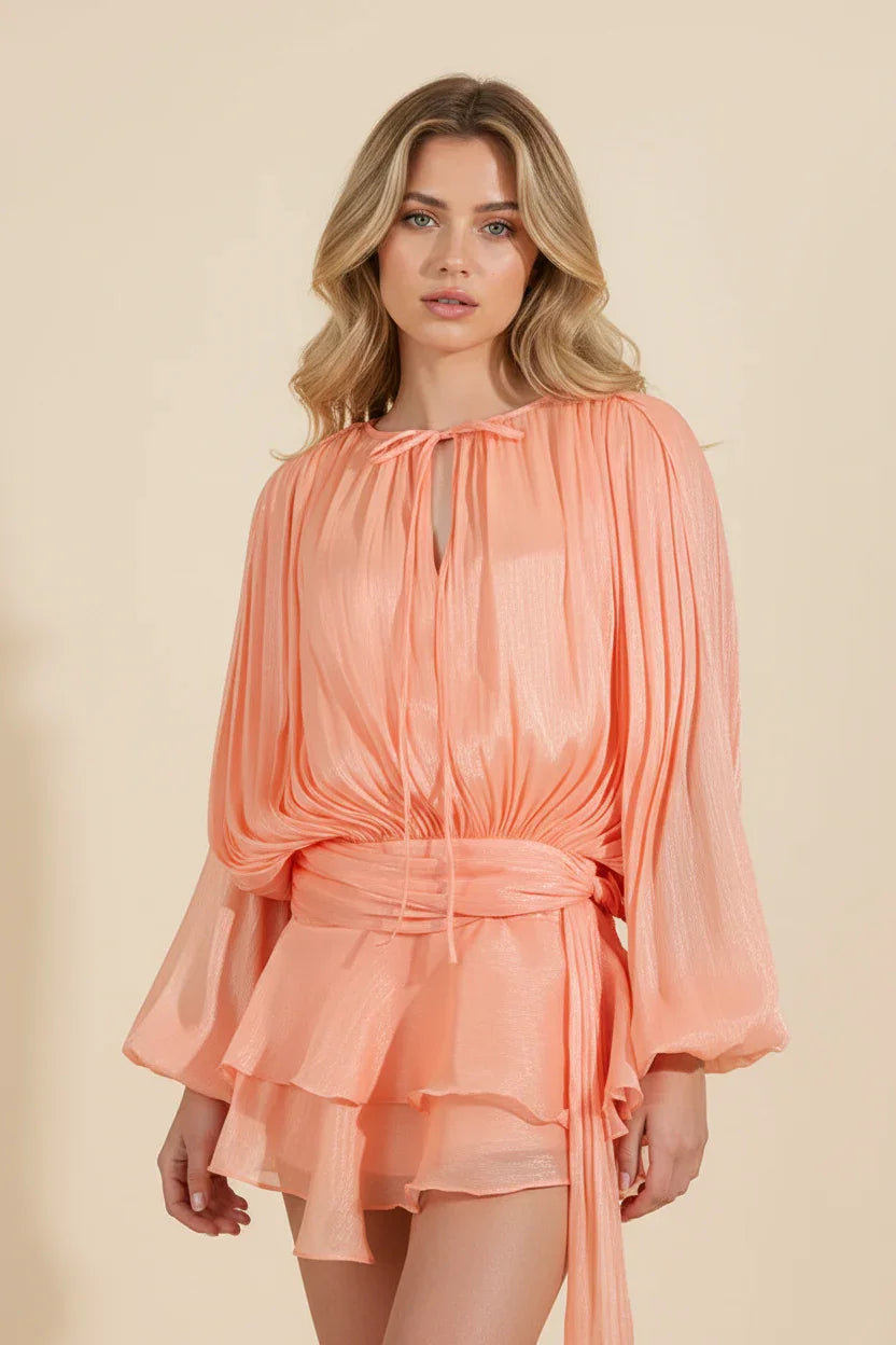 Dames Korte Jurk met Ballonmouwen en Strikdetail