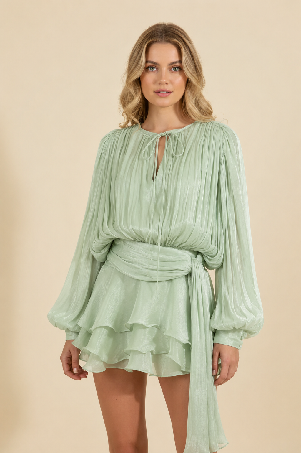 Dames Korte Jurk met Ballonmouwen en Strikdetail Groen