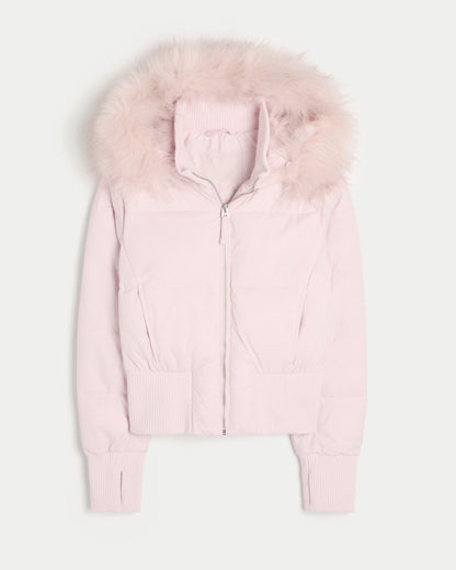 Dames Korte Pufferjas met Capuchon Roze