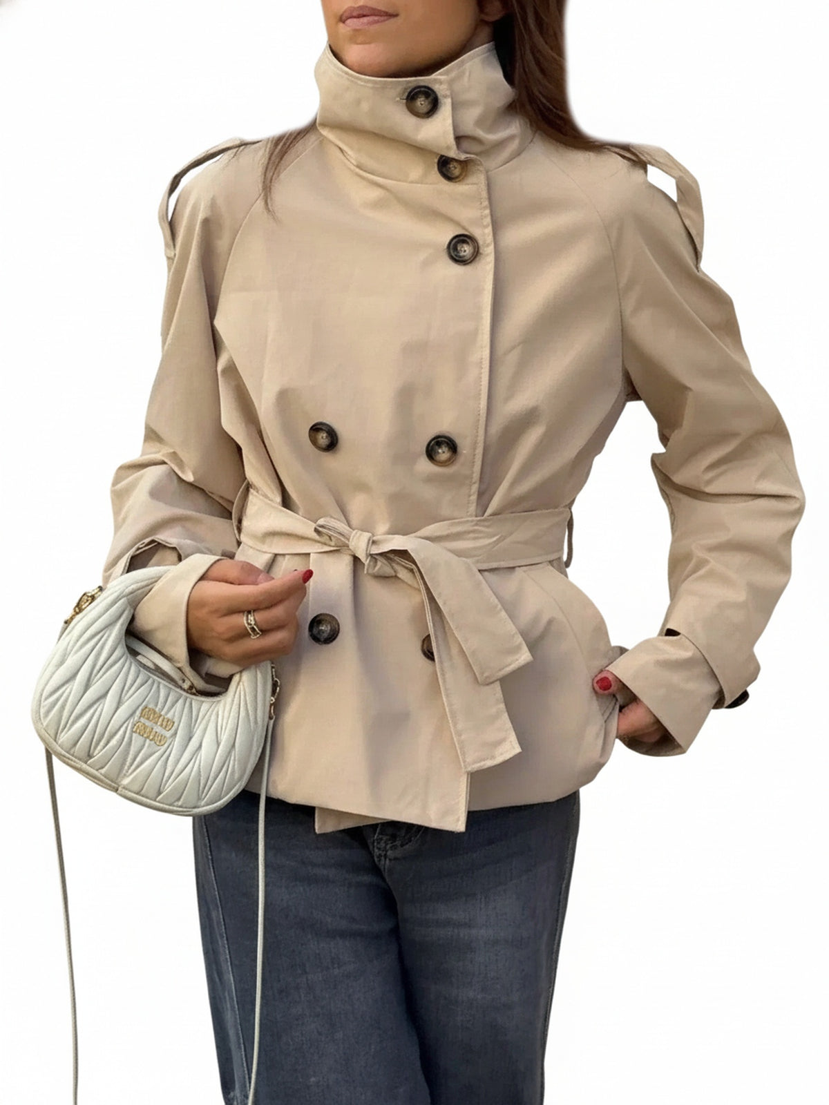 Dames Korte Trench Coat met Dubbele Knoopsluiting, Hoge Kraag en Taillegordel