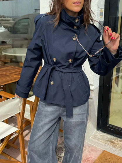 Dames Korte Trench Coat met Dubbele Knoopsluiting, Hoge Kraag en Taillegordel Donkerblauw