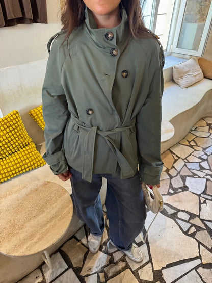 Dames Korte Trench Coat met Dubbele Knoopsluiting, Hoge Kraag en Taillegordel Donkergroen