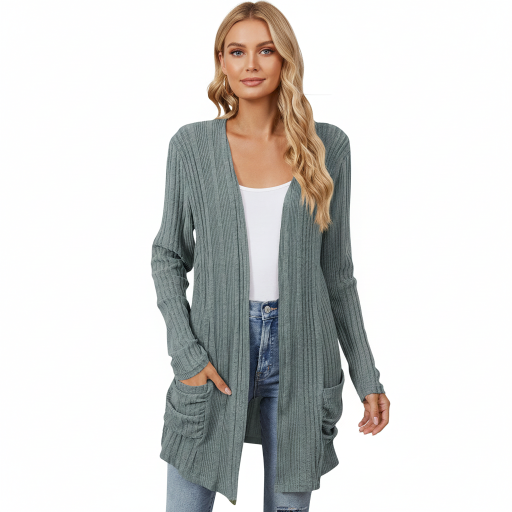 Dames Lang Open Cardigan met Ribstructuur en Opgestikte Zakken