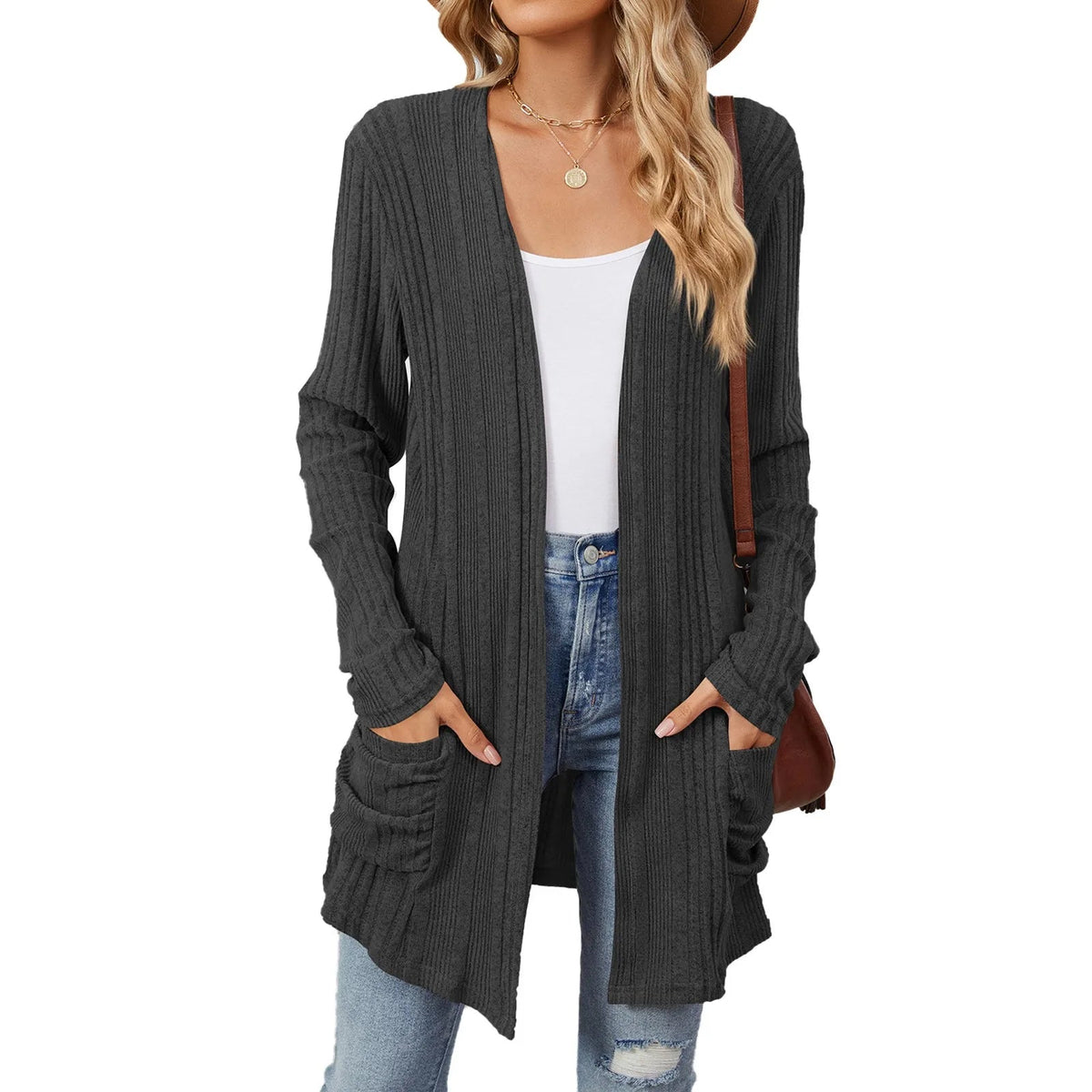 Dames Lang Open Cardigan met Ribstructuur en Opgestikte Zakken