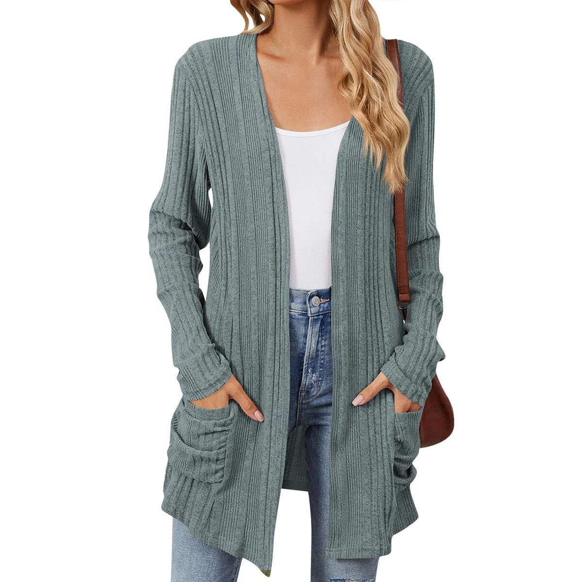 Dames Lang Open Cardigan met Ribstructuur en Opgestikte Zakken