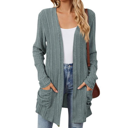 Dames Lang Open Cardigan met Ribstructuur en Opgestikte Zakken