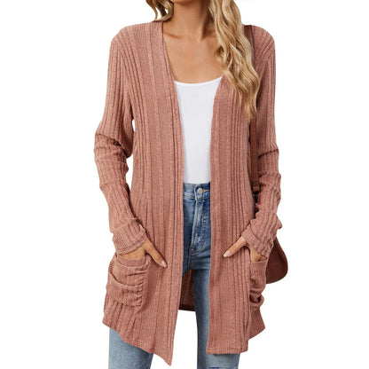 Dames Lang Open Cardigan met Ribstructuur en Opgestikte Zakken