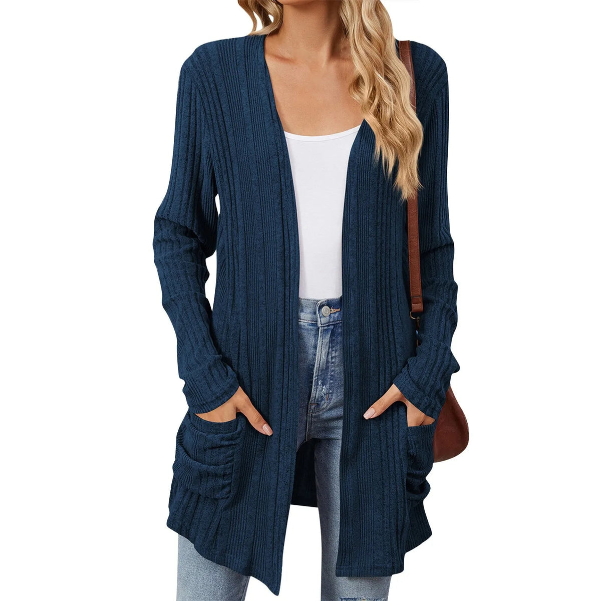 Dames Lang Open Cardigan met Ribstructuur en Opgestikte Zakken