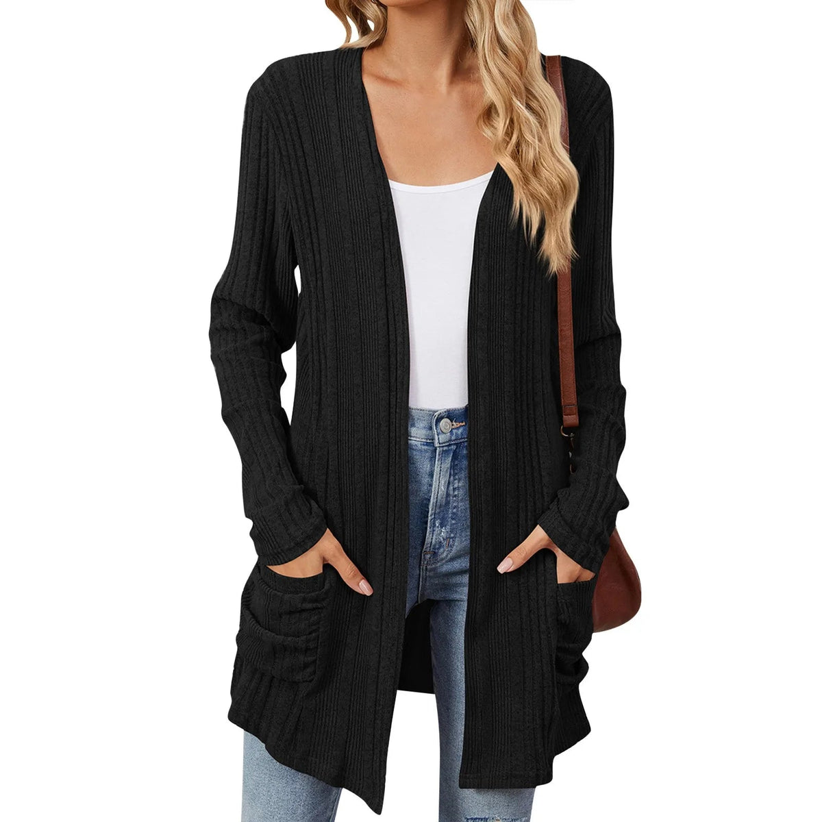 Dames Lang Open Cardigan met Ribstructuur en Opgestikte Zakken
