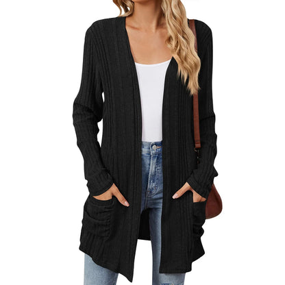 Dames Lang Open Cardigan met Ribstructuur en Opgestikte Zakken