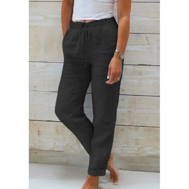 Dames Lange Broek met Elastische Taille en Trekkoord Zwart