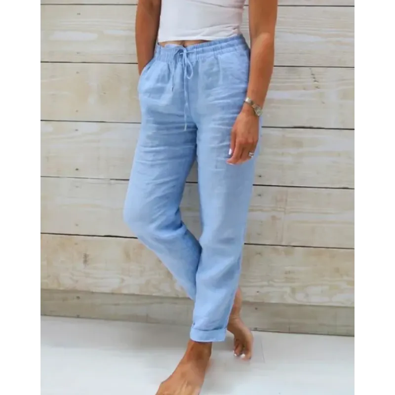 Dames Lange Broek met Elastische Taille en Trekkoord Blauw