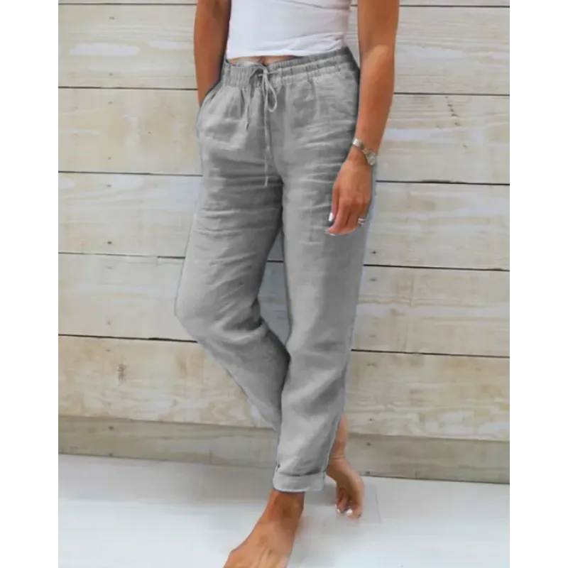 Dames Lange Broek met Elastische Taille en Trekkoord Grijs