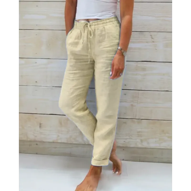 Dames Lange Broek met Elastische Taille en Trekkoord Khaki