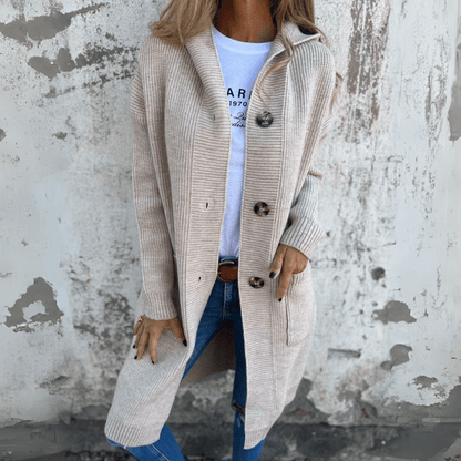 Dames Lange Cardigan met Capuchon en Grote Knopen