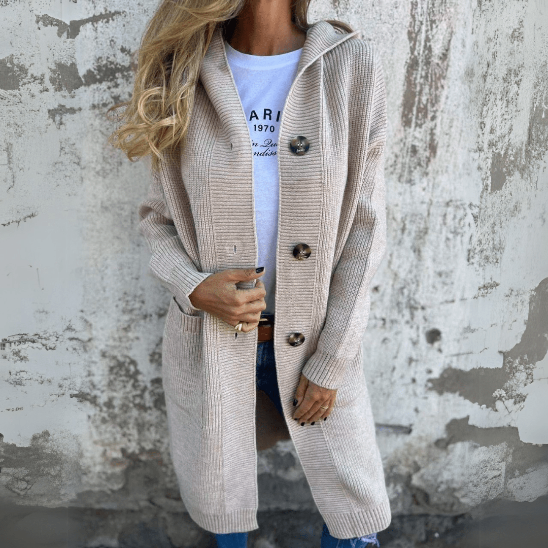 Dames Lange Cardigan met Capuchon en Grote Knopen Beige
