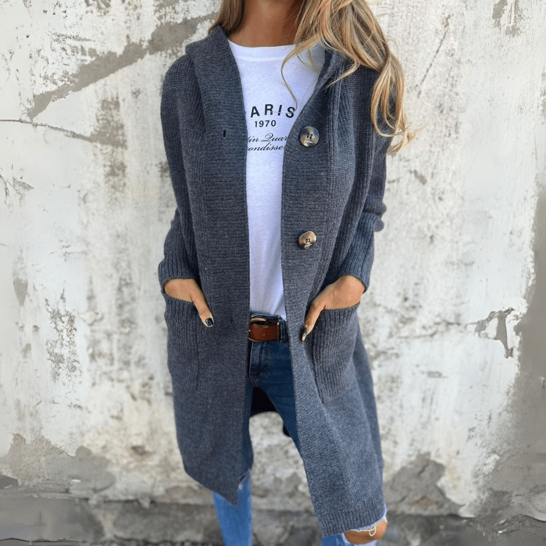 Dames Lange Cardigan met Capuchon en Grote Knopen Grijs