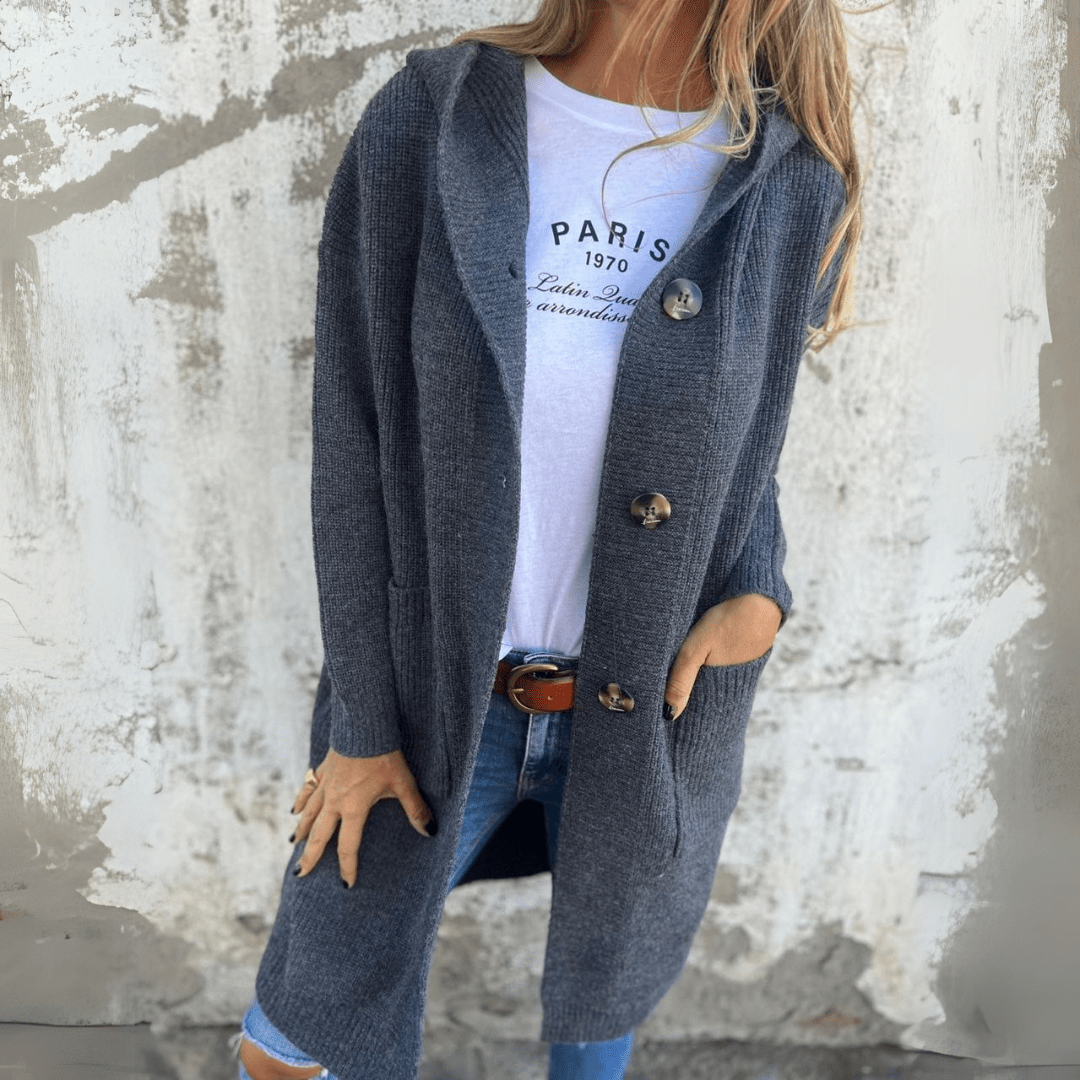 Dames Lange Cardigan met Capuchon en Grote Knopen