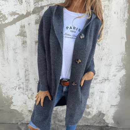 Dames Lange Cardigan met Capuchon en Grote Knopen