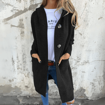 Dames Lange Cardigan met Capuchon en Grote Knopen Zwart