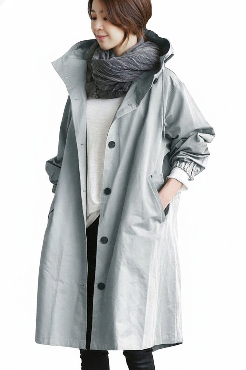 Dames Lange Trench Coat met Capuchon en Knoopsluiting Oversized