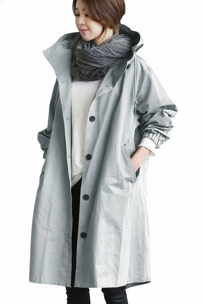 Dames Lange Trench Coat met Capuchon en Knoopsluiting Oversized