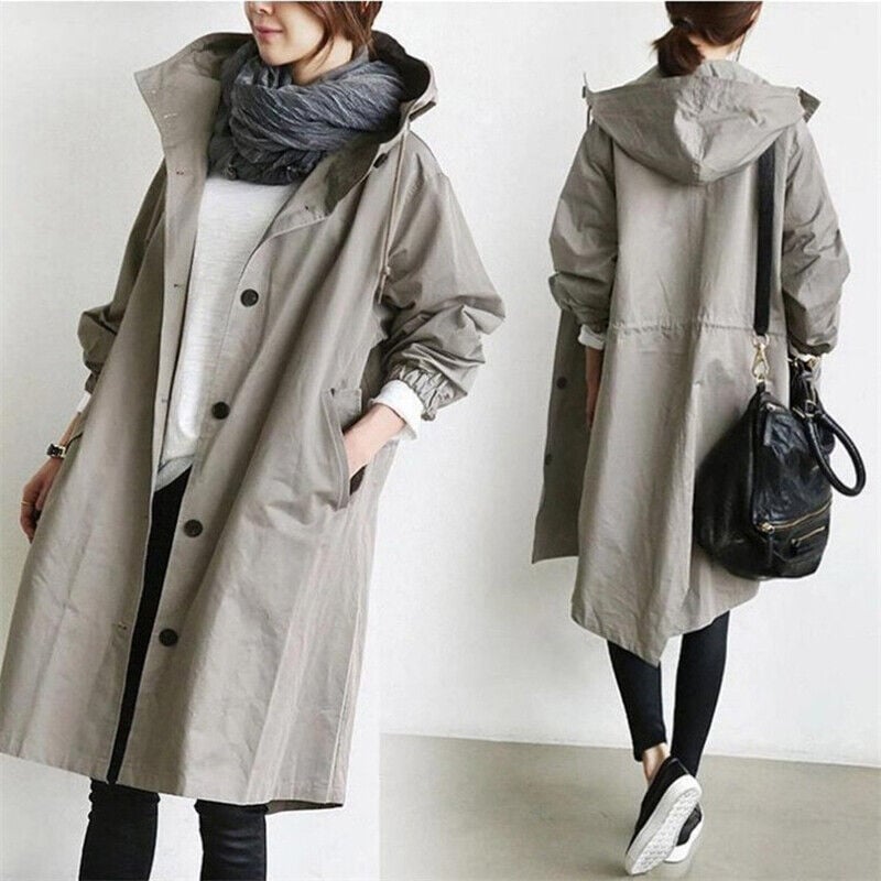 Dames Lange Trench Coat met Capuchon en Knoopsluiting Oversized Abrikoos