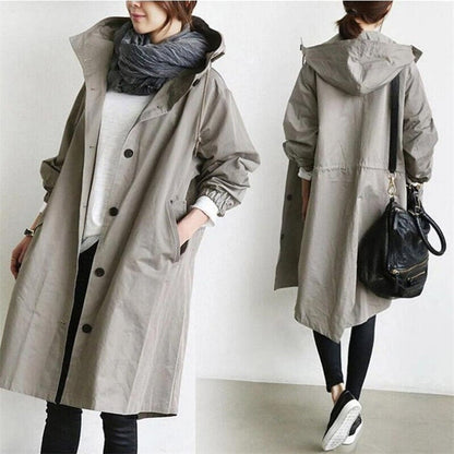 Dames Lange Trench Coat met Capuchon en Knoopsluiting Oversized Abrikoos