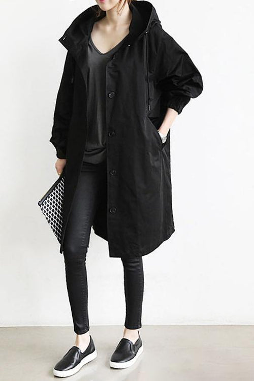 Dames Lange Trench Coat met Capuchon en Knoopsluiting Oversized Zwart
