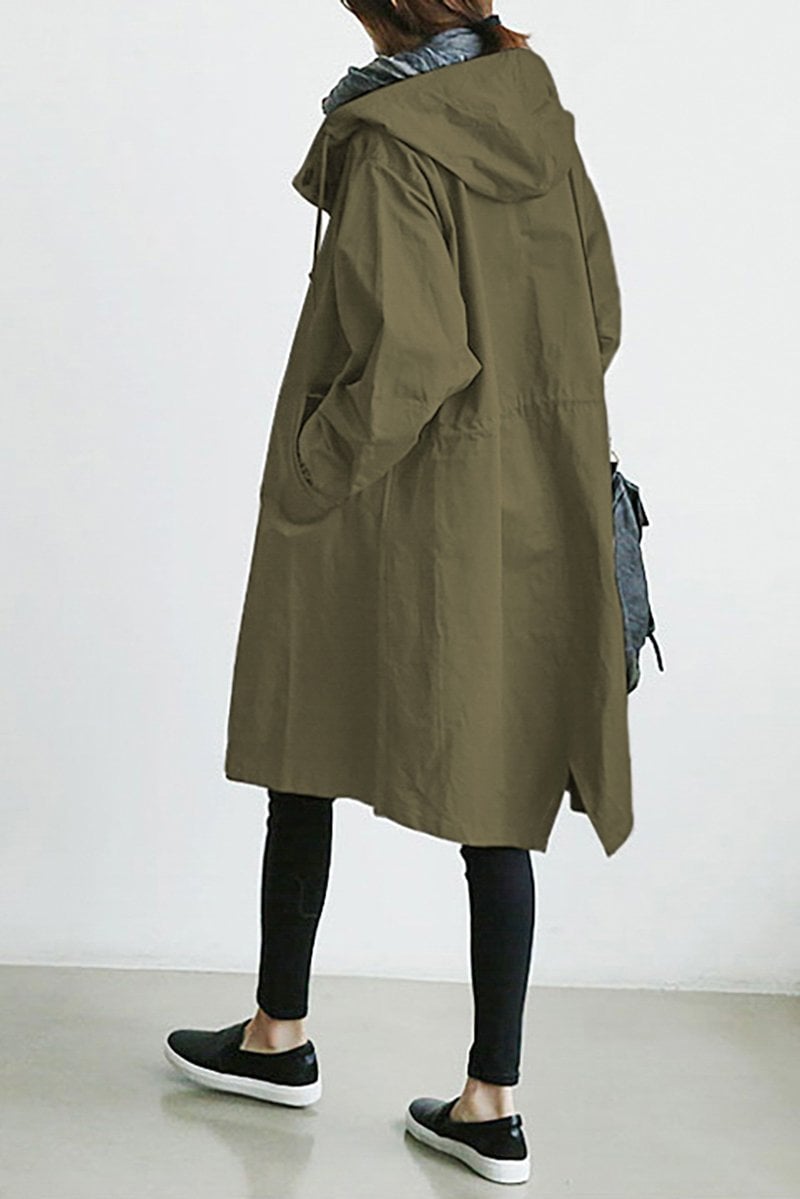 Dames Lange Trench Coat met Capuchon en Knoopsluiting Oversized Legergroen