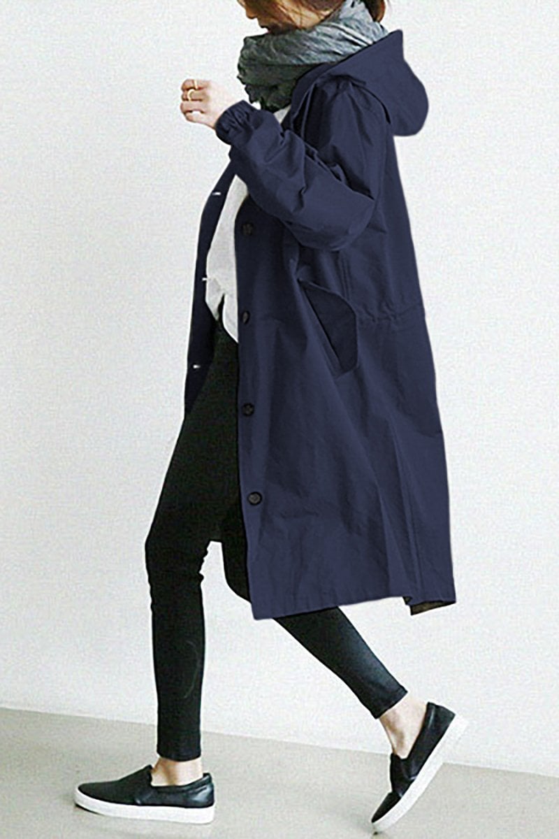 Dames Lange Trench Coat met Capuchon en Knoopsluiting Oversized Marineblauw