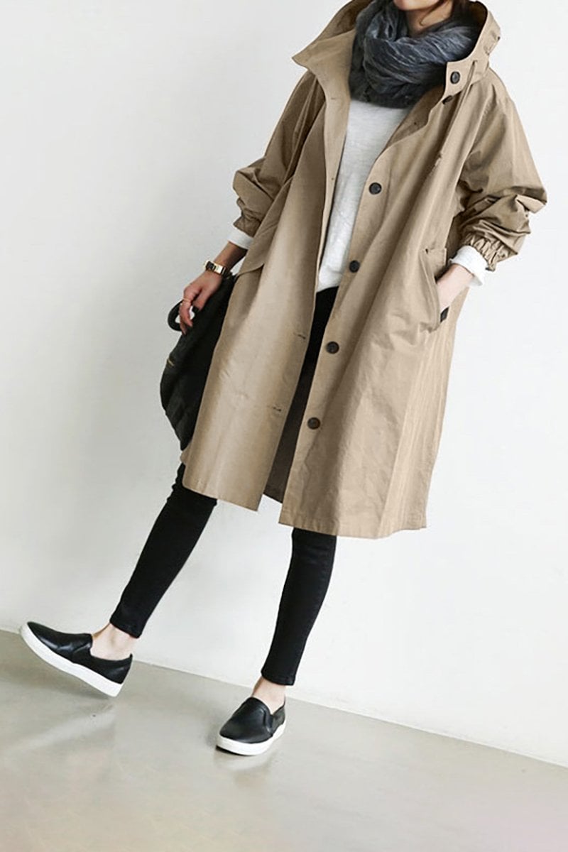 Dames Lange Trench Coat met Capuchon en Knoopsluiting Oversized Beige